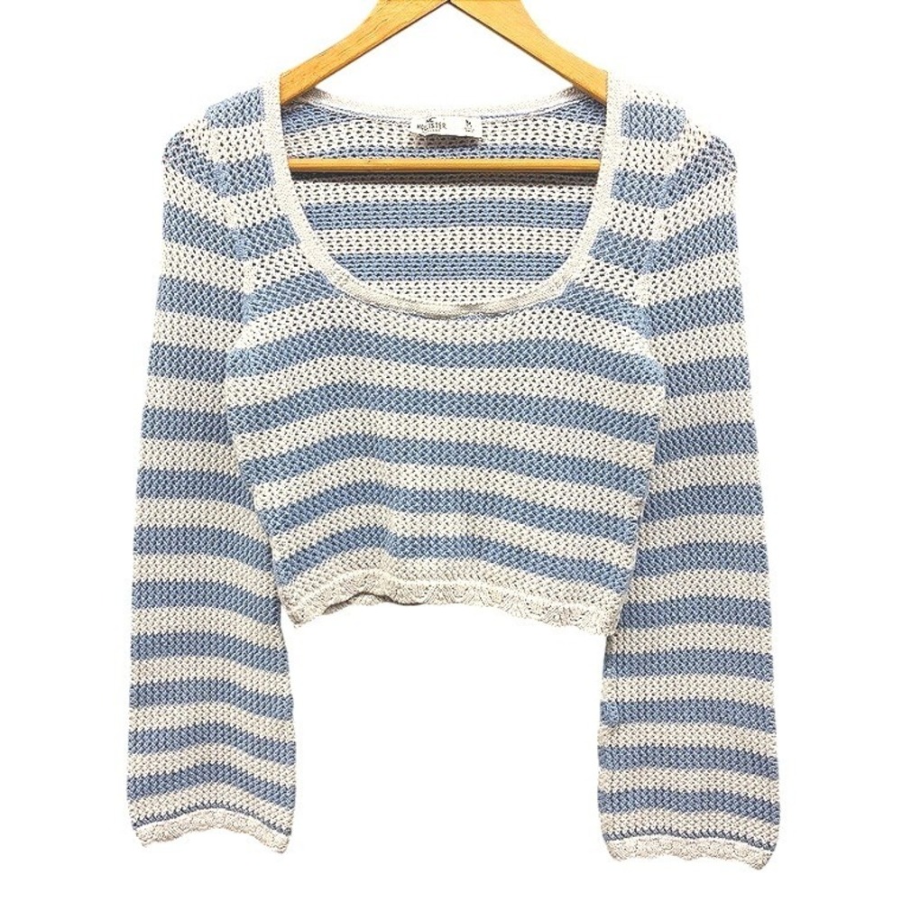 Hollister Crochet Sweater Women's M Blue White Stripe Crop Long Sleeve